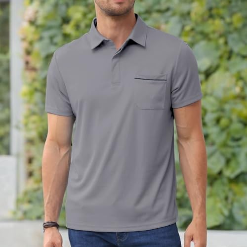 LEXIART MENS ATHLETIC GOLF POLO SHIRTS – SHORT SLEEVE WORKOUT POLOS QUICK DRY T-SHIRT GREY