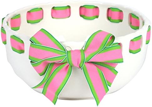 Prissy Plates Decorative Serving Bowl with Pink/Lime Stripe Ribbon, White