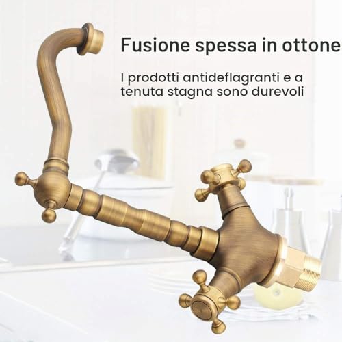 Vintage Kitchen Sink Tap, 360° Rotatable Brass Bathroom Sink Mixer Tap, Double Handle Bathroom Tap, Hot and Cold Tap, with Flexible Hose, Durable Design