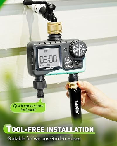 RAINPOINT Water Timer 2 Outlets, IP65 Waterproof Garden Hose Irrigation Timer with Brass Inlet, Rain Delay/Manual Watering, Automatic Watering System for Garden, Yard, Lawn, 2 Zone