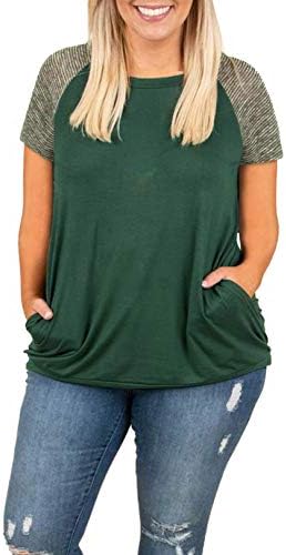 Womens Tops Plus Size Raglan Shirt Short Sleeve 3/4 Sleeve Striped Crew Neck Tshirt Tunic with Pockets