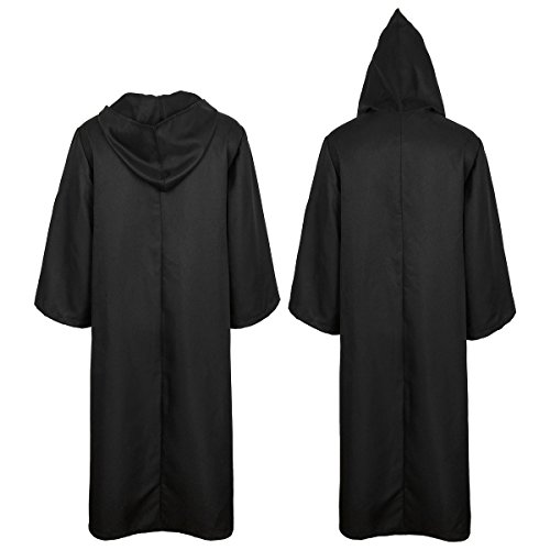 Men Tunic Hooded Robe Cloak Knight Gothic Fancy Dress Halloween Masquerade Cosplay Costume Cape (XXL, Adult Black)