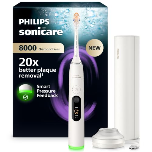 Philips Sonicare Next-Generation DiamondClean 8000 Sonic Electric Toothbrush − with Smart Pressure Feedback and 15 Settings, Powder White, HX8311/11