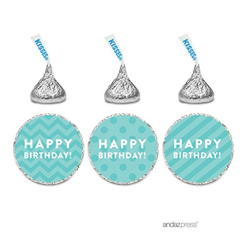 Andaz PressChocolate Drop Labels Trio, Happy Birthday!, Polka Dots, Chevron, Striped, Diamond Blue, 216-Pack, Robin's Egg Blue Stickers for Birthday Kisses Party Favor, Decor, Envelopes