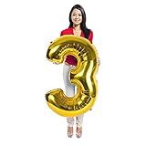 Gold Number 3 Mylar Balloon Three Year Old Birthday Decorations Party Supplies for Girls and Boys Large Foil Photo Props Picture Booth Big Ornaments