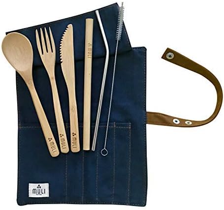 Bamboo Cutlery Set | Bamboo Travel Utensils | Reusable Zero Waste Flatware Set | 7-piece (Navy Blue)