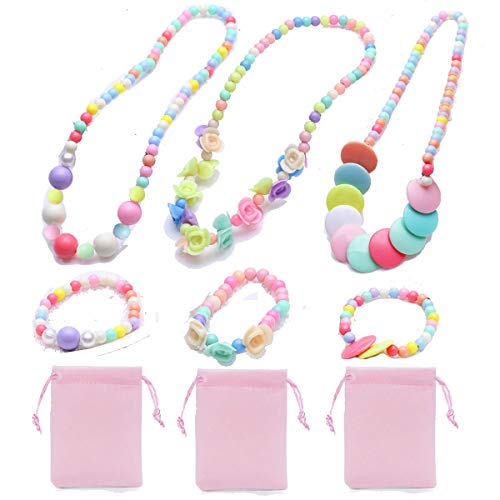 7Queen Princess Pretend Play Necklace Bracelet Set Kit Kids Play Jewelry Little Girls Costume Necklaces Toddler Dress up Jewelry 3 Sets Xmas Gift