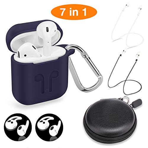 AirPods Case Protective Silicone Cover with 2 Airpods Strap, 2 Airpods Ear Hook,1 Carabiner,1 Headphone Case for Apple Airpods Accessories (7 Pack)-(Midnight Blue)