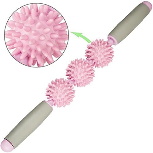 Three Rotating Spiky Massage Roller Stick Muscle Roller, Trigger Point Body Massager Balls Sticks Tools for Relax Body Yoga Fat Blaster Myofascial Release Tool Acupressure Therapy (Pink)