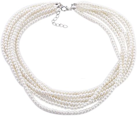 Kalse Multiple 6 Strands White Pearls Seed Beads Cluster Torque Choker Chunky Necklace 17"-19"