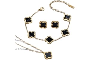 HUGIA Jewelry Set, Minimalist Creative Plant Flower Design Four leaf clover 18K Gold Plated Stainless Steel Pendant Necklace Earrings Bracelet, Elegant Four Leaf Clover Necklace Floral Style Jewelry Gift (include HUGIA BOX)