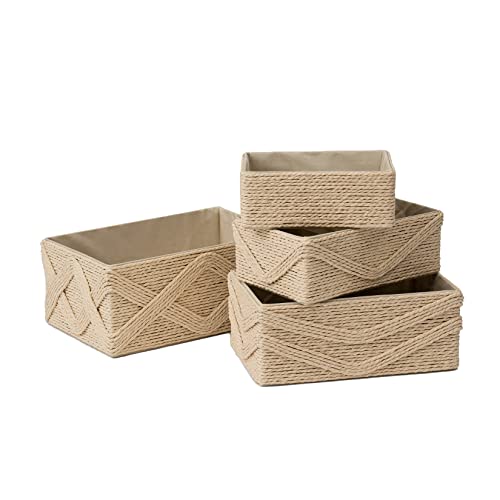 LA JOLIE MUSE Beige Storage Baskets for Organizing Set 4 - Sturdy Woven Baskets Paper Rope Decorative Baskets, Stackable Wicker Baskets for Makeup Closet Bathroom Bedroom (Beige)