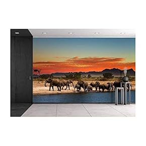 Herd of Elephants in African Savanna at Sunset - Removable Wall Mural | Self-Adhesive Large Wallpaper - 66x96 inches