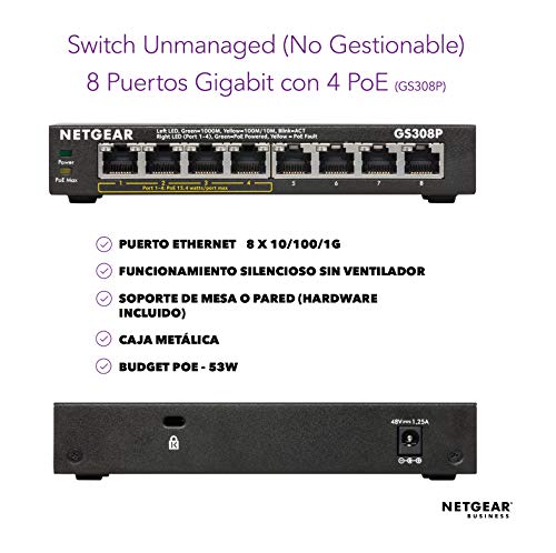 NETGEAR-Switch-PoE-de-8-puertos-Unmanaged-GS308P-Switch-Ethernet-con-4-puertos-PoE-y-55-W-de-potencia-montaje-sobremesa-carcasa-metalica-sin-ventilador