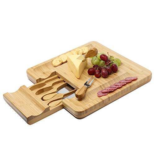 Kagura Bamboo Cheese Board Cracker Serving Cutlery charcuterie Set with
Slide-Out Drawer Plate Knives kit - Large