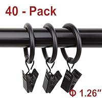 Lansian 40pcs Rustproof Drapery Matte Stainless Steel Metal Curtain Rings with Clips 1.26 inch Drapery Rings, Vintage Black (1.26" Interior Diameter)