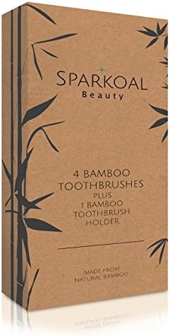 Bamboo Toothbrush with Charcoal Infused Extra Soft Bristles Set (4 pack) and Bonus Bamboo Travel Toothbrush Holder - BPA Free Nylon Bristles - Best Organic, Natural, Biodegradable, Wood Toothbrushes