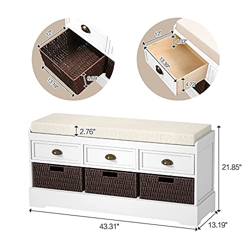 Knowlife Storage Bench Entryway Bench with Cushion, 3 Drawers and 3 Removable Baskets Shoe Bench