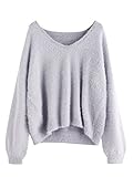ROMWE Women's Loose Puff Sleeve V Neck Fuzzy Pullovers Jumper