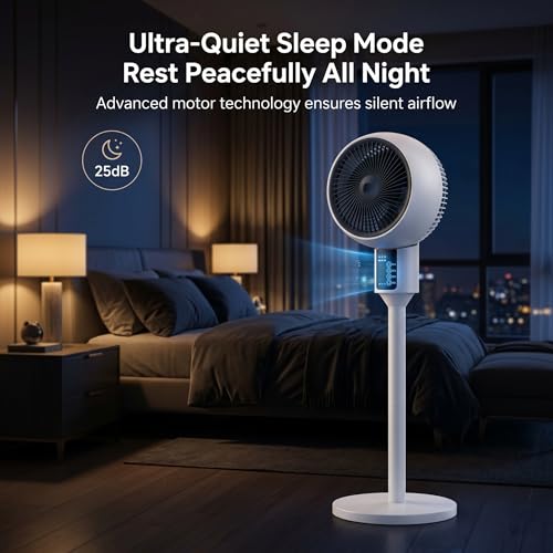 Pedestal Air Circulator Fan with Remote Control, Smart 3D Oscillation Cooling Fan for Bedroom Home Office, 3 Speeds, 7.5H Timer, 46 to 92cm 3-Way Adjustable Height Table Standing Fan, White