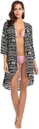 Kisshes Women Ladies Long Cardigan Kimono Swimwear Coverup Chiffon Blouse Printed Summer Tops Black White Blue