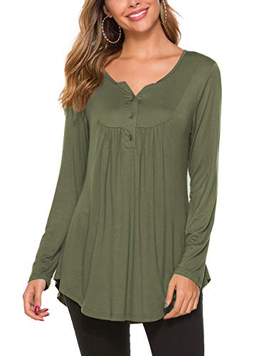 Women's Casual Long Sleeve Henley Shirts Buttons Up Pleated Tunic Tops Blouses Army Green M