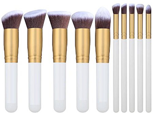 CinllaÂ® 10pcs Premium Synthetic Kabuki Makeup Brush Set Cosmetics Foundation Blending Blush Eyeliner Face Powder Brush Makeup Brush Kit (Golden White)