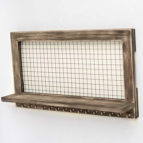 YUGHGH Jewelry Organizer Wall Mounted Jewelry Organizer, Wood and Mesh Jewelry Holder Includes Necklace Hanging Hooks, Bracelet Rod, and Shelf for Accessories