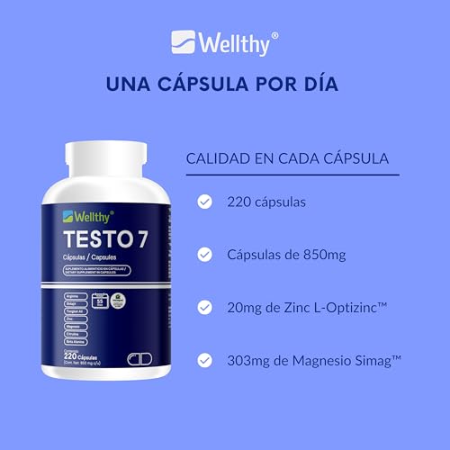 Wellthy Testo 7 Multivitaminico Hombre 220 Cápsulas. L-Arginina, Shilajit, Tongkat Ali, Zinc y Magnesio, Citrulina y Beta Alanina. VCaps Cápsulas Veganas. Bottle Free.