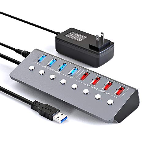 Powered USB Hub, 8 Ports Portable Aluminum USB 3.0 Hub with 4 Data Ports, 4 Fast Charging Ports and 12V/4A Power Adapter, for Laptops, Phones and More (Space Grey) ...