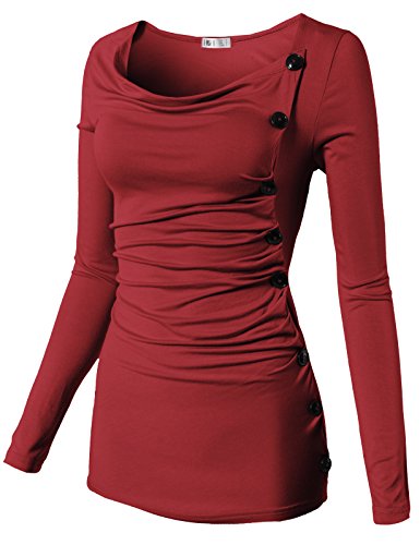 H2H Women's Cowl Neck Button Embellished Top BURGUNDY US M/Asia M (CWTTL0175)