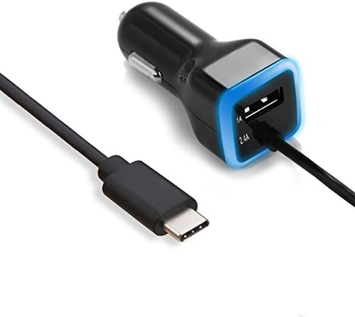 USB Type C Car Charger, Gembonics Dual USB Car Charger with USB C Cable for Galaxy Note 8, S8, S8 Plus LG G6, G5, HTC 10, Samsung, iPhone, iPad and more (Black)