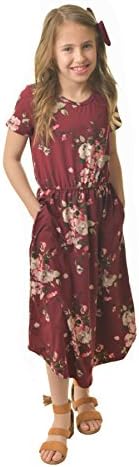 Chrome Classic Girls Midi Floral Dress w/Short Sleeves Made in The USA (Maroon, Medium)
