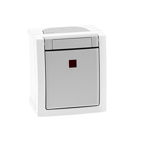 Aufputz Kontrollschalter/Ausschalter 2-polig beleuchtet Feuchtraum IP54, rot leuchtende Kalotte, Modell Pacific, grau