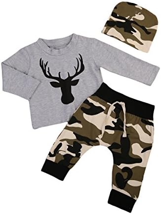 Newborn Baby Boy Deer Printed Grey Tshirt Top Camouflage Pants Hat 3Pcs (0-6 Month, Grey)