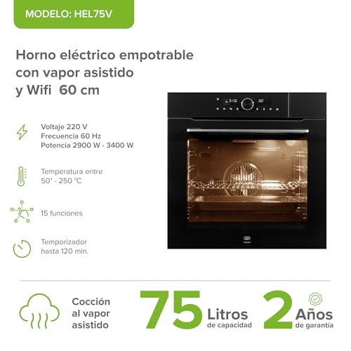 AVERA Horno eléctrico empotrable con vapor asistido 75 L, 220 V, 15 funciones integradas, Temperatura de hasta 250°, Temporizador con alarma, Panel digital, Control WIFI, Bloqueo infantil | HEL75V