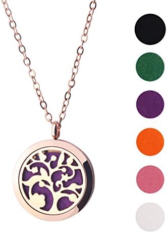 Fragrance Gift Essential Oil Aromatherapy Diffuser Necklace with 6 Colors Refill Pads(Rose Gold-Tree)
