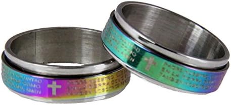 S29 Iridescent Rainbow Spinner Ring Spanish Our Father Lord's Prayer Padre Nuestro Stainless Steel Jesus Christ (11)