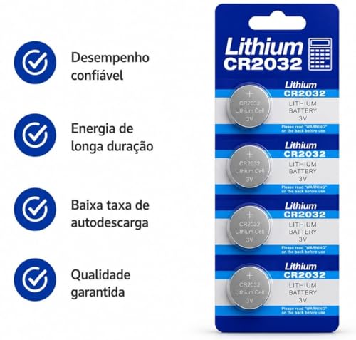 Bateria CR2032 3V de Lítio Tipo Moeda 2 Cartela 10 Unidades Para Chave de Carro Relógio Calculadora e Eletrônicos