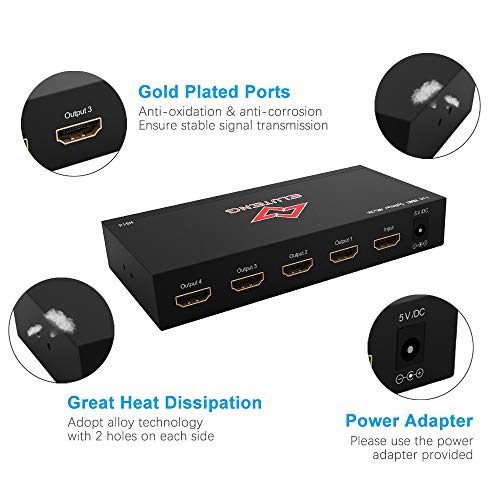 HDMI Splitter 1 in 4 Out, ELUTENG HDMI Switcher 4K Powered Adatper Supports Up to Ultra HD 3D 1080P HDMI Switch Compatible with STB PC PS4 DLP Xbox DVD Player Blu-ray to HDTV