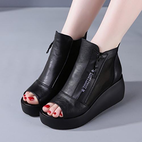 Wedge sandals summer 2017 new female high-heeled shoes Korean leather all-match thick bottom gauze sponge fish mouth shoes comfortable,Thirty-six,black