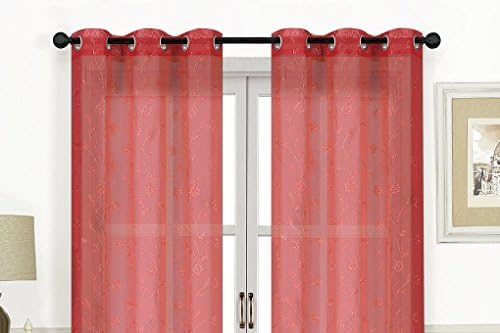 LACY METALLIC EMBROIDERED GROMMET TOP CURTAIN PAIRS, SEMI SHEER SNOW VOILE 84 inches long (Red/Silver)