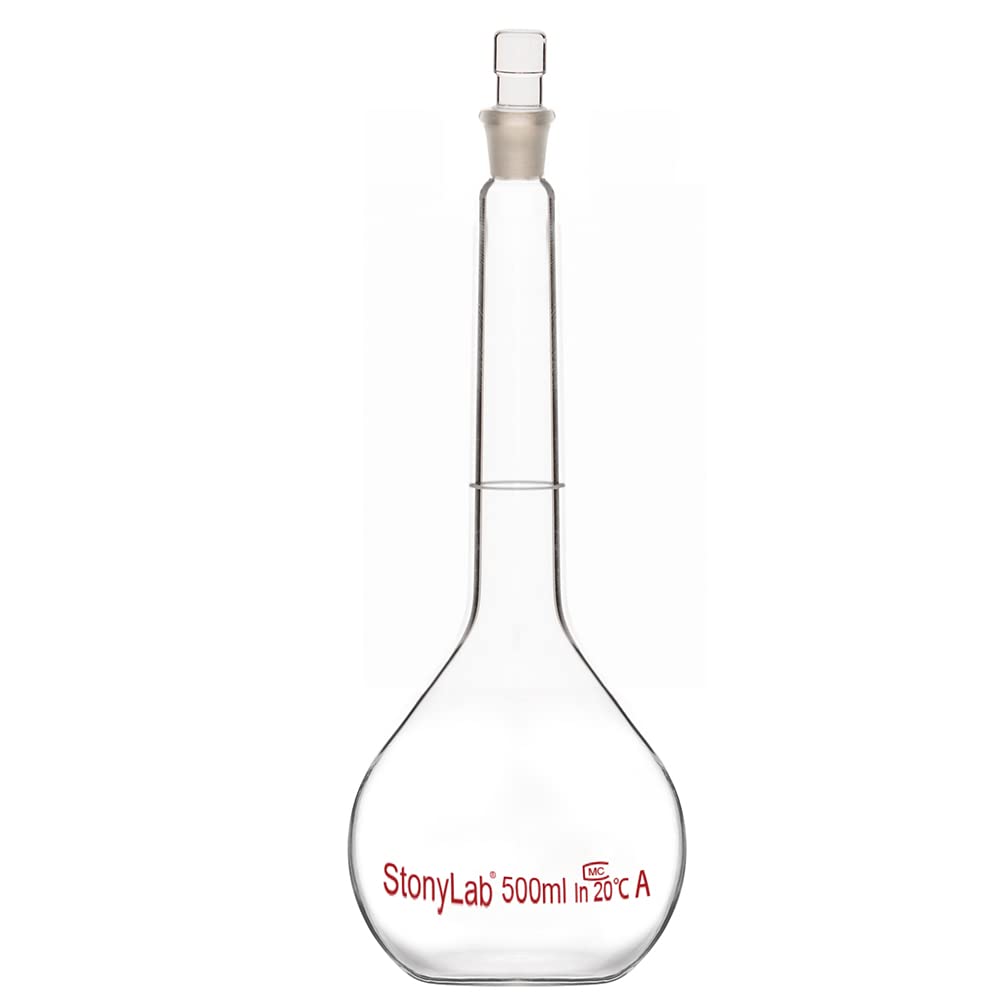 stonylab Glass Volumetric Flask Class A with Glass Stopper, Borosilicate Glass Heavy Wall Volumetric Flask Tolerance ±0.25ml, 500ml