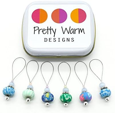Blue Flower Bead Snag Free Stitch Markers Jewelry for Knitting (Set of 6 with Tin)