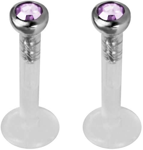 Lavender 18g 7mm long Snakebite Piercings Set-Two 2mm Jewel BioPlastic Labret Studs Lip Rings