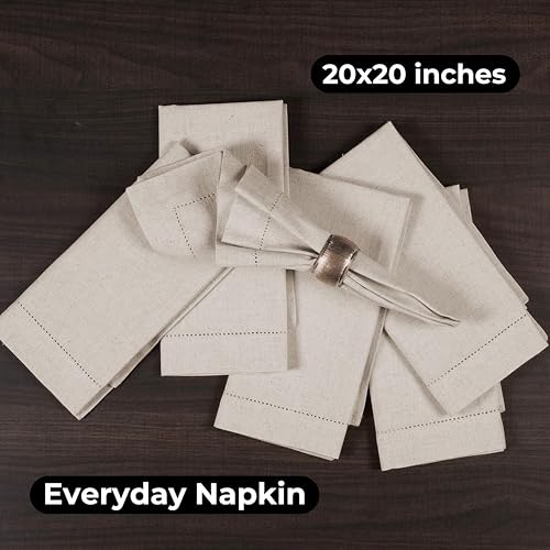 BEDDING CRAFT Set of 12 Linen Flax Cotton Cloth Dinner Napkin with Hemstitched 20x20 Natural, Mitered Corners -Perfect for Wedding, Dinner, Parties and Table Decorations