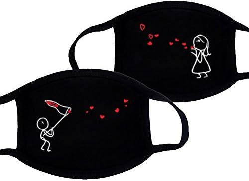 Heurm Alado 2pcs Couple Unisex South Korean Cute Cartoon Fashion Personality Cotton Anti-Cold Anti-Dust Breathable Mouth-Muffle Couple Face Mask Black (Style 2)