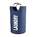 Crystallove Canvas Collapsible Tall Laundry Hamper Tote Storage Baskets Washing Clothing Bags with Rings (blue)