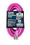 15-ft 14/3 Heavy Duty Lighted SJTW Indoor/Outdoor UL Listed Extension Cord by Watt's Wire - Pink 15' 14-Gauge Grounded 15-Amp Three-Prong Power-Cord (15 foot 14-Awg)