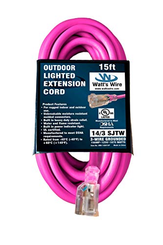 15-ft 14/3 Heavy Duty Lighted SJTW Indoor/Outdoor UL Listed Extension Cord by Watt's Wire - Pink 15' 14-Gauge Grounded 15-Amp Three-Prong Power-Cord (15 foot 14-Awg)